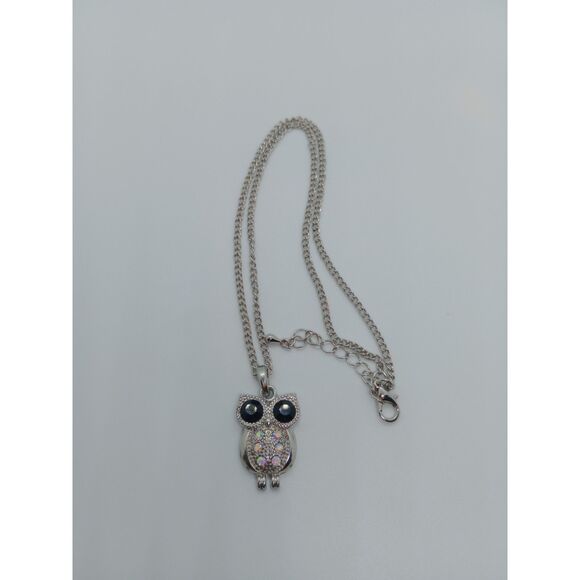 Black AB Rhinestone Owl Pendant Silver Tone 18-20" Chain Necklace - Picture 2 of 6